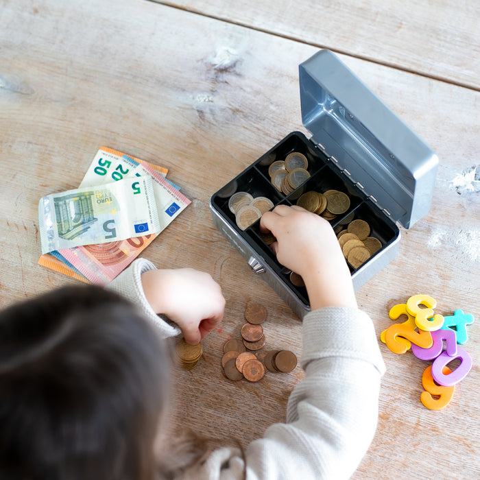 Geldkassette mit Münzeinsatz von HMF mit 15 cm Breite in Silber