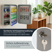 HMF Schlüsselkasten groß aus Stahl, abschließbarer Schlüsselschrank, 40 Schlüsselhaken, Lichtgrau