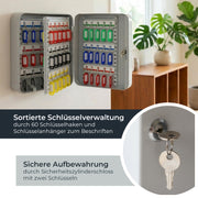 HMF Schlüsselkasten groß aus Stahl, abschließbarer Schlüsselschrank, 60 Schlüsselhaken, Lichtgrau
