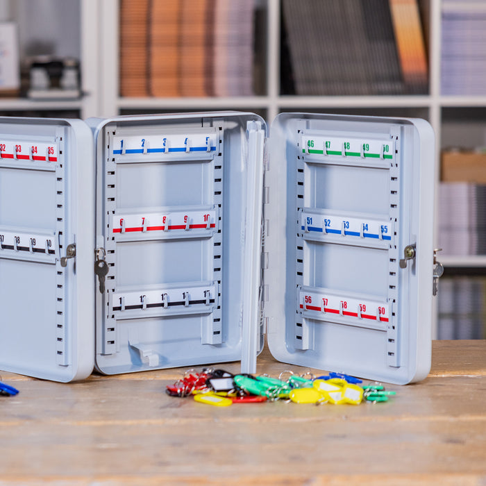 HMF Schlüsselkasten groß aus Stahl, abschließbarer Schlüsselschrank, 60 Schlüsselhaken, Lichtgrau