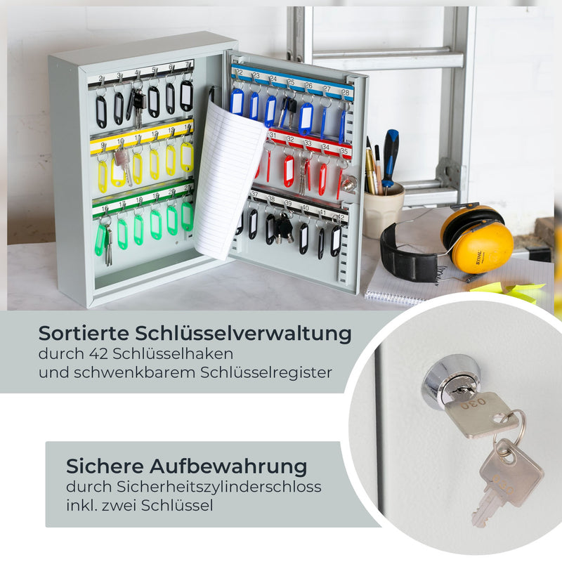 HMF 13542-07 Schlüsselschrank 42 Haken Lichtgrau Sicherheitszylinderschloss