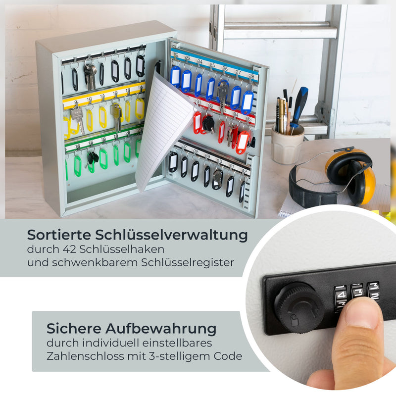 Schlüsselschrank 42 Haken Zahlenschloss HMF 13642-07 Lichtgrau