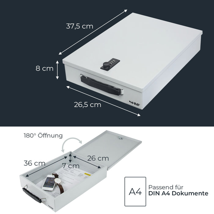 Dokumentenkassette mit Zahlenschloss in DIN A4 von HMF in Lichtgrau