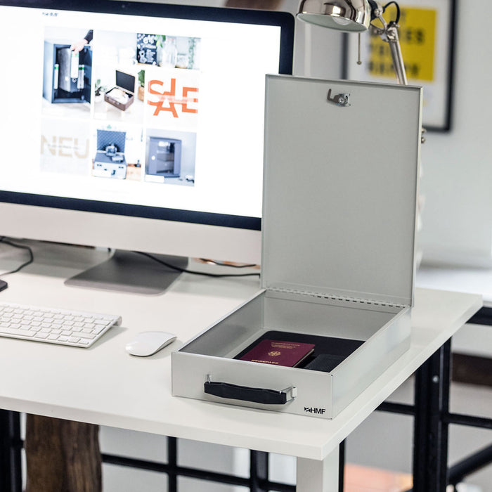 Dokumentenkassette mit Zahlenschloss in DIN A4 von HMF in Lichtgrau