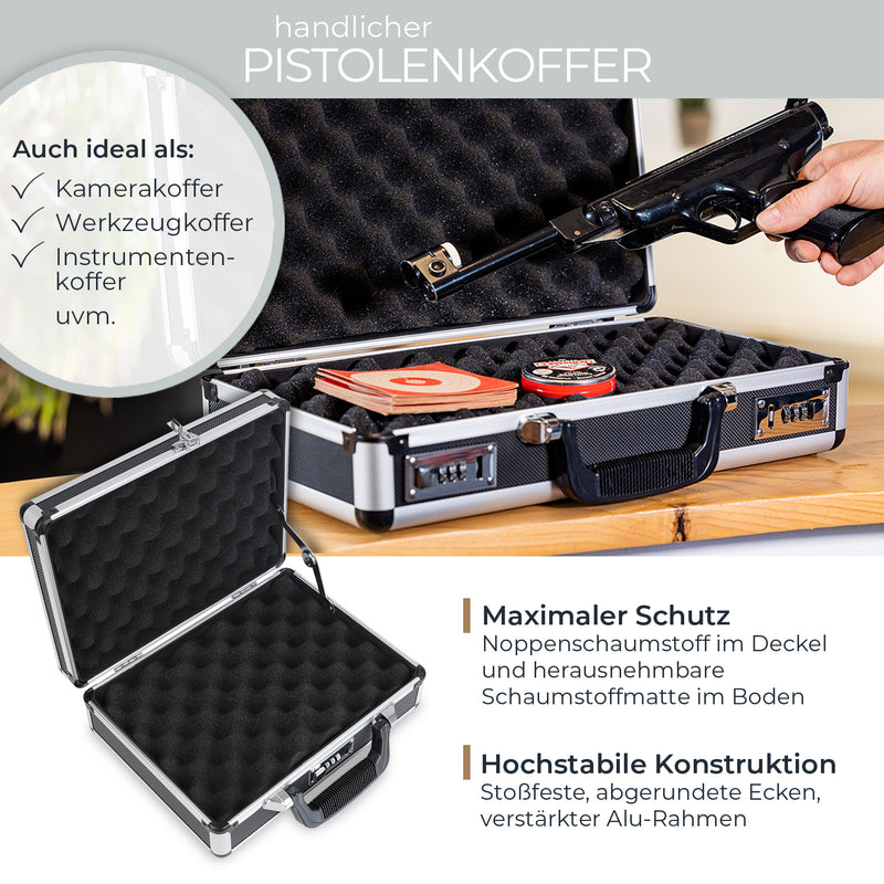 Alu Pistolenkoffer oder Kurzwaffenkoffer mit Zahlenschloss von HMF mit den Maßen 31 x 26 x 11 cm