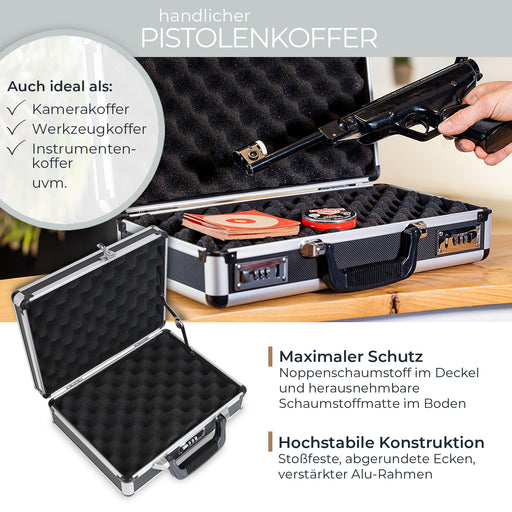 Alu Pistolenkoffer oder Kurzwaffenkoffer mit Zahlenschloss von HMF mit den Maßen 31 x 26 x 11 cm