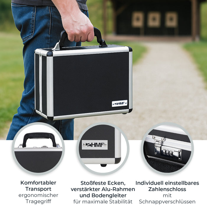 Alu Pistolenkoffer oder Kurzwaffenkoffer mit Zahlenschloss von HMF mit den Maßen 31 x 26 x 11 cm