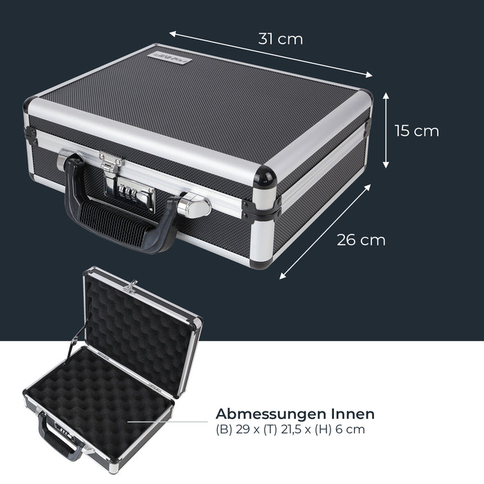 Alu Pistolenkoffer oder Kurzwaffenkoffer mit Zahlenschloss von HMF mit den Maßen 31 x 26 x 11 cm
