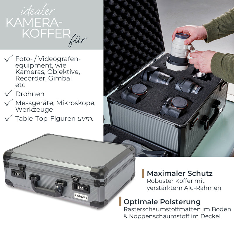 Alu Fotokoffer oder Waffenkoffer mit Rasterschaumstoff von HMF mit den Maßen 46 x 15 x 33 cm
