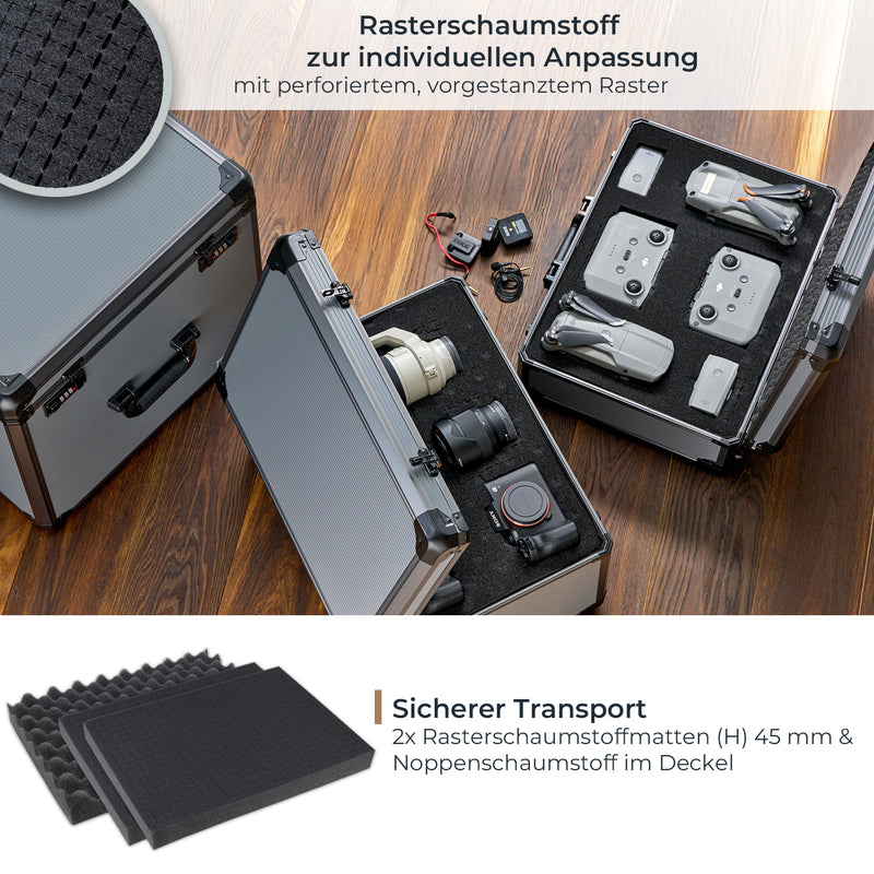 Alu Fotokoffer oder Waffenkoffer mit Rasterschaumstoff von HMF mit den Maßen 46 x 15 x 33 cm
