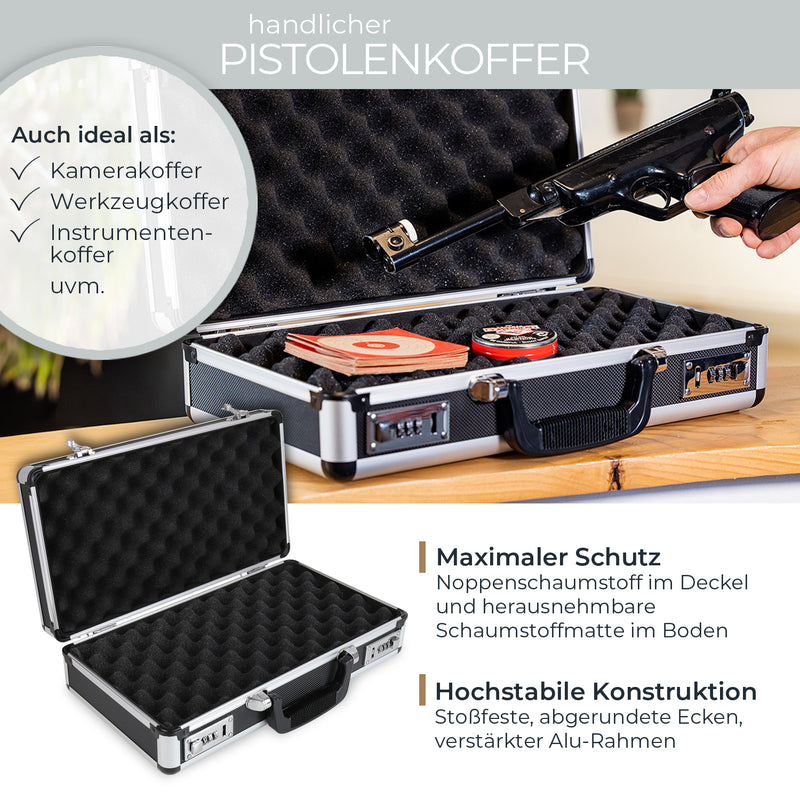 Alu Pistolenkoffer oder Kurzwaffenkoffer mit Zahlenschloss von HMF mit den Maßen 42 x 26 x 12 cm