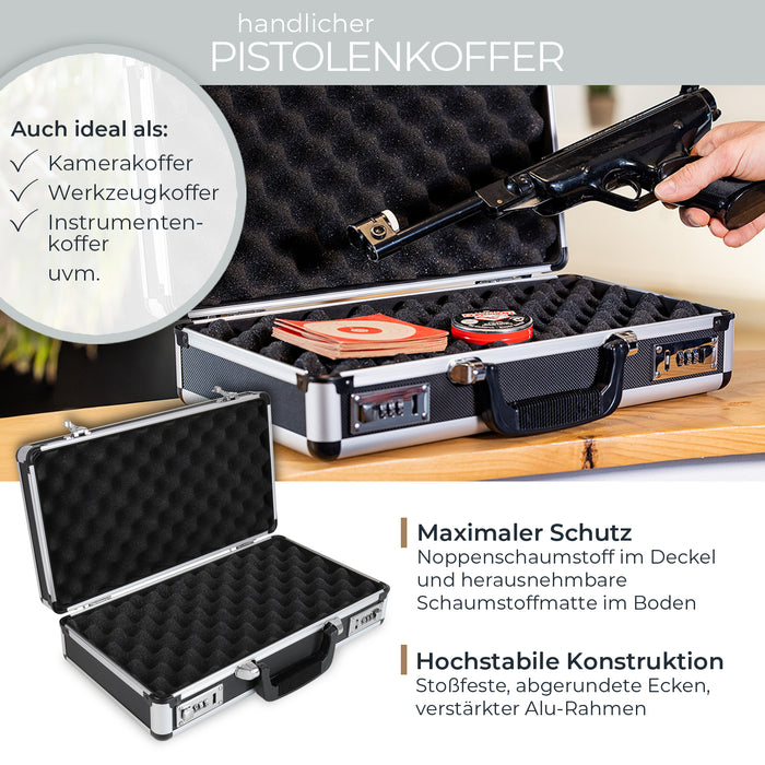 Alu Pistolenkoffer oder Kurzwaffenkoffer mit Zahlenschloss von HMF mit den Maßen 42 x 26 x 12 cm