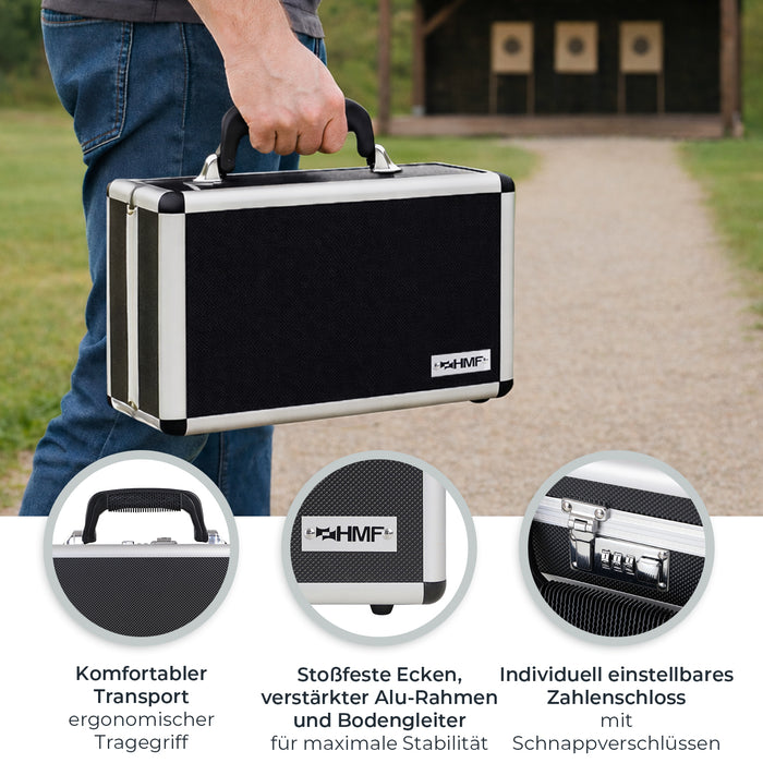 Alu Pistolenkoffer oder Kurzwaffenkoffer mit Zahlenschloss von HMF mit den Maßen 42 x 26 x 12 cm