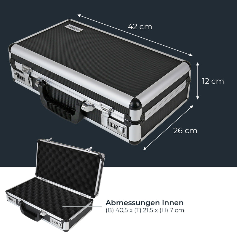 Alu Pistolenkoffer oder Kurzwaffenkoffer mit Zahlenschloss von HMF mit den Maßen 42 x 26 x 12 cm