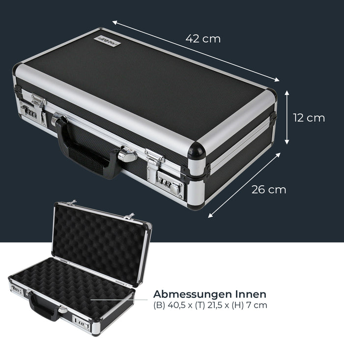 Alu Pistolenkoffer oder Kurzwaffenkoffer mit Zahlenschloss von HMF mit den Maßen 42 x 26 x 12 cm