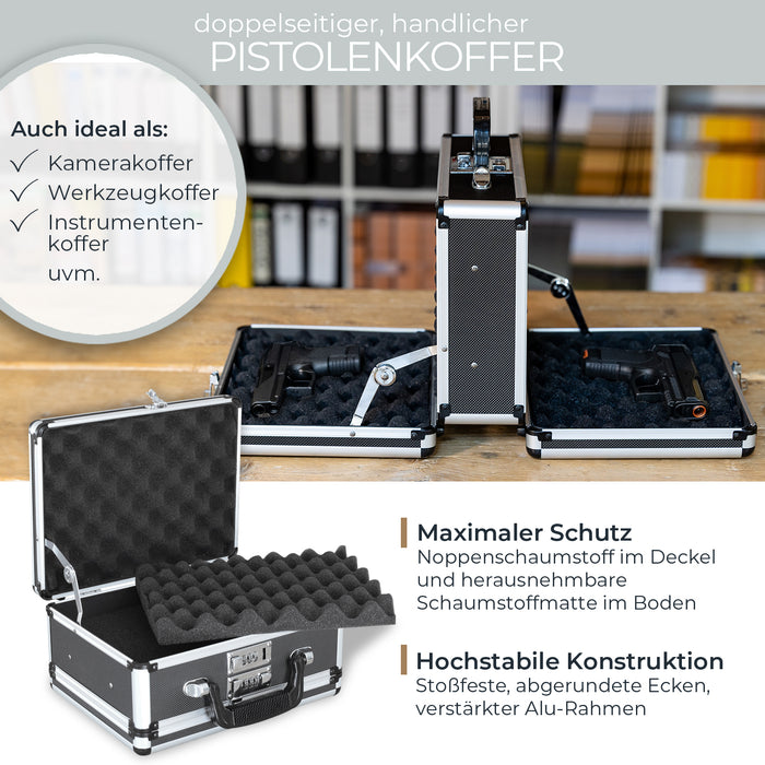Alu Pistolenkoffer oder Kurzwaffenkoffer mit Zahlenschloss und doppeltem Boden von HMF mit den Maßen 31 x 26 x 15 cm