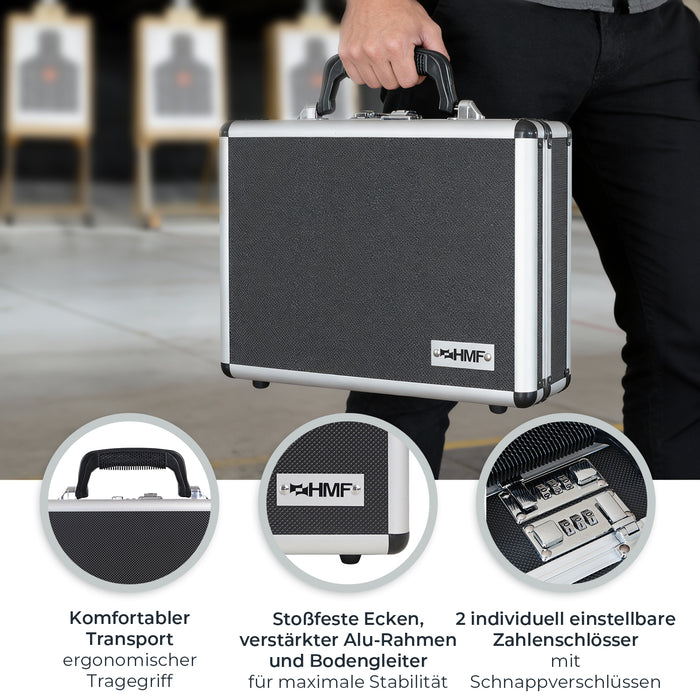 Alu Pistolenkoffer oder Kurzwaffenkoffer mit Zahlenschloss und doppeltem Boden von HMF mit den Maßen 31 x 26 x 15 cm