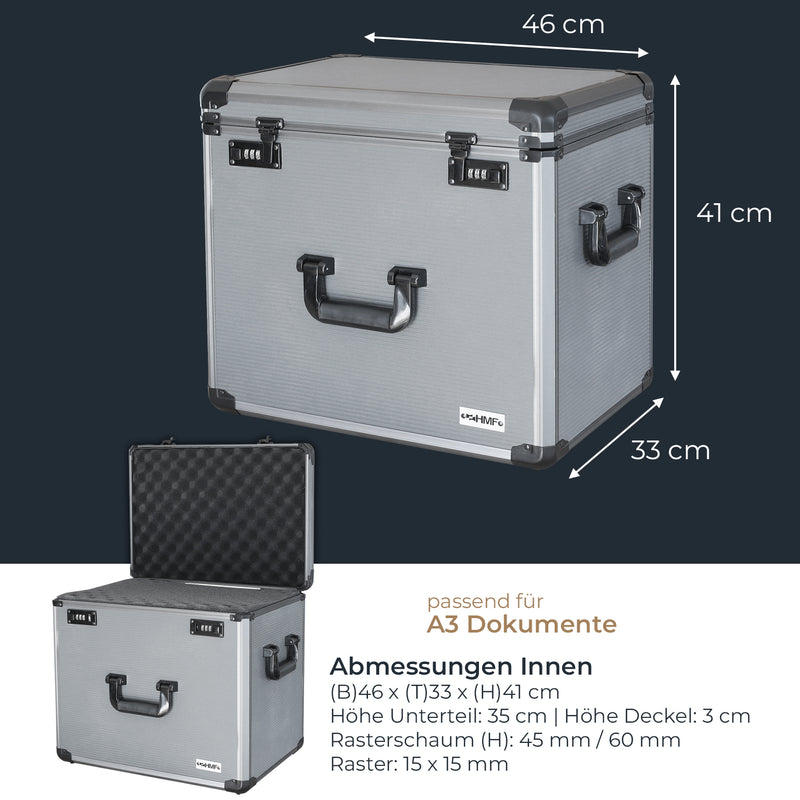Alu Fotokoffer oder Waffenkoffer mit Rasterschaumstoff von HMF mit den Maßen 46 x 41 x 33 cm