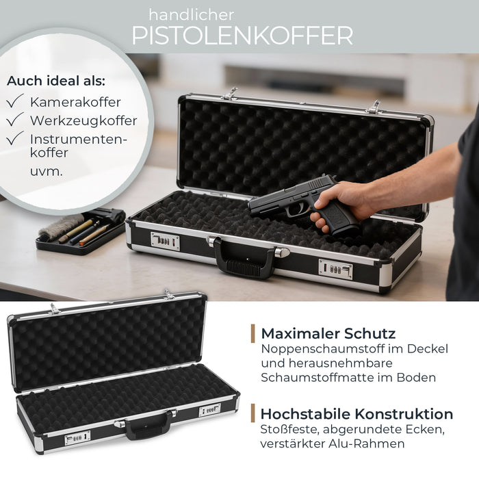 Alu Pistolenkoffer oder Kurzwaffenkoffer mit Zahlenschloss von HMF mit den Maßen 62 x 26 x 12 cm