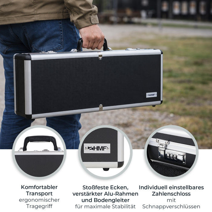 Alu Pistolenkoffer oder Kurzwaffenkoffer mit Zahlenschloss von HMF mit den Maßen 62 x 26 x 12 cm