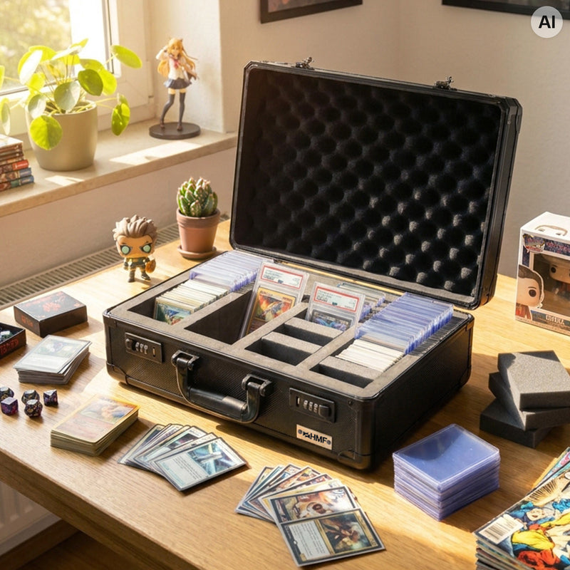 HMF Sammelkarten Aufbewahrungsbox mit 4 Fächern und 20 Trennwänden für Toploader in groß in Schwarz