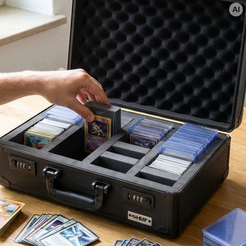 HMF Sammelkarten Aufbewahrungsbox mit 4 Fächern und 20 Trennwänden für Toploader in groß in Schwarz