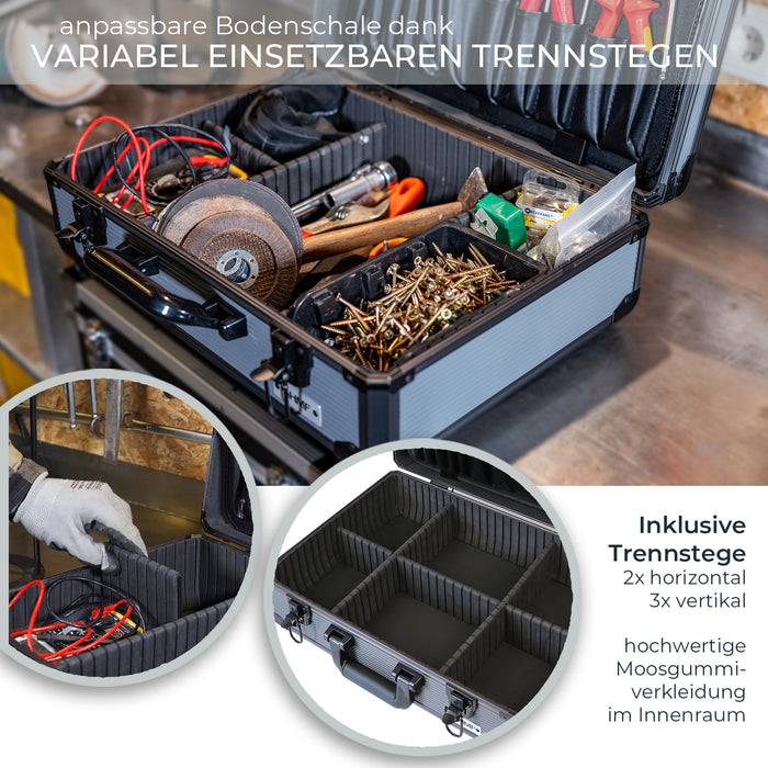 Alu Werkzeugkoffer leer, Universalkoffer, verstellbare Facheinteilung, HMF 14601-02, 46 x 15 x 33 cm