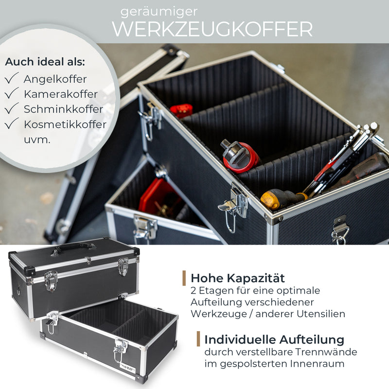 Alu Werkzeugkoffer mit 2 Etagen und verstellbare Facheinteilung von HMF