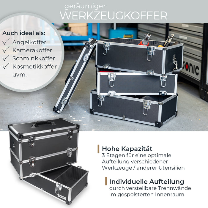 Alu Werkzeugkoffer mit 3 Etagen und verstellbare Facheinteilung von HMF