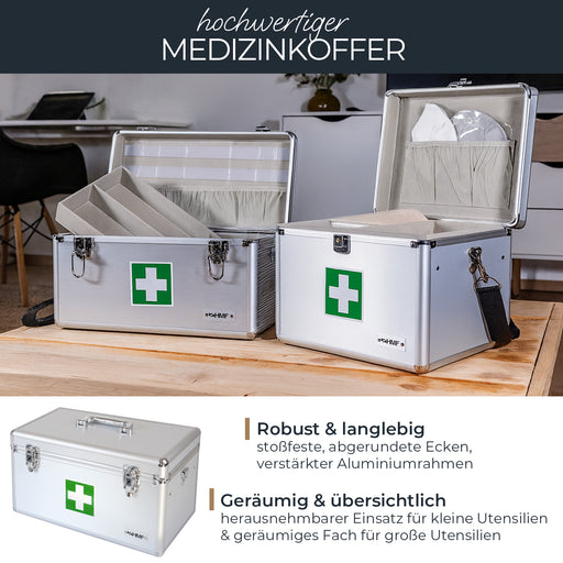 Medizinkoffer oder Erste Hilfe Koffer aus Aluminium von HMF mit den Maßen 40 x 22.5 x 20.5 cm in Silber