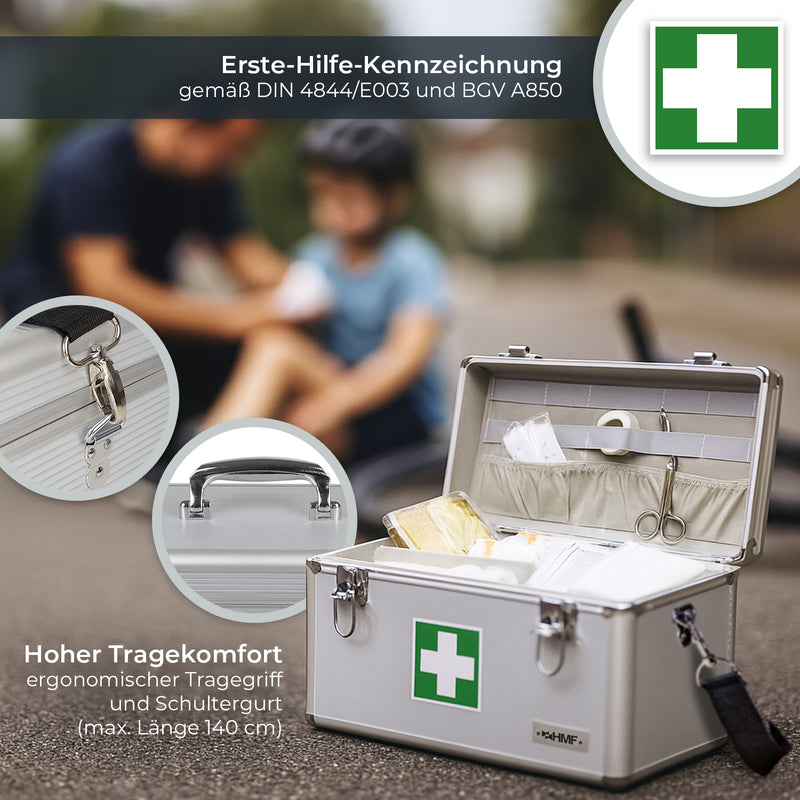 Medizinkoffer oder Erste Hilfe Koffer aus Aluminium von HMF mit den Maßen 40 x 22.5 x 20.5 cm in Silber