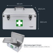 Medizinkoffer oder Erste Hilfe Koffer aus Aluminium von HMF mit den Maßen 40 x 22.5 x 20.5 cm in Silber