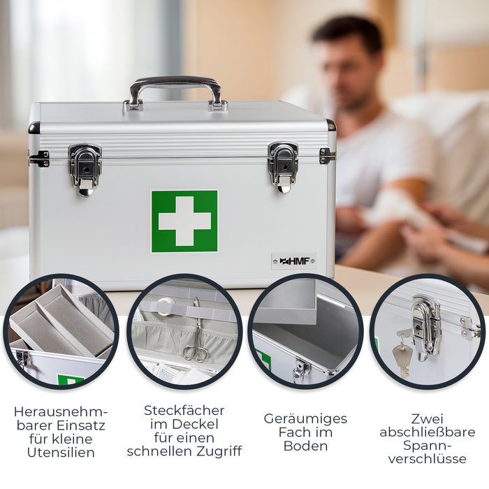 Medizinkoffer oder Erste Hilfe Koffer aus Aluminium von HMF mit den Maßen 30 x 25 x 25 cm in Silber