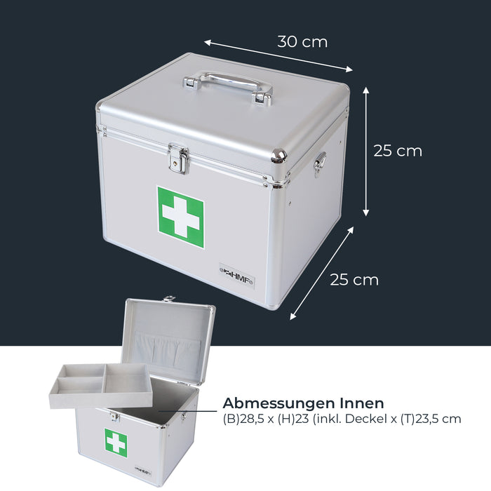 Medizinkoffer oder Erste Hilfe Koffer aus Aluminium von HMF mit den Maßen 30 x 25 x 25 cm in Silber