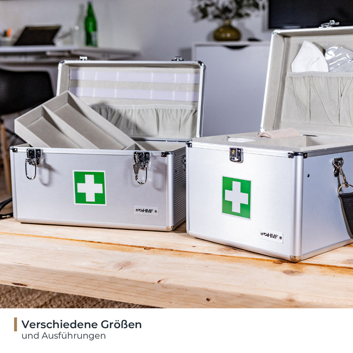 Medizinkoffer oder Erste Hilfe Koffer aus Aluminium von HMF mit den Maßen 30 x 25 x 25 cm in Silber