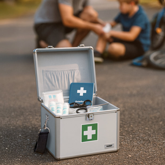 Medizinkoffer oder Erste Hilfe Koffer aus Aluminium von HMF mit den Maßen 30 x 25 x 25 cm in Silber