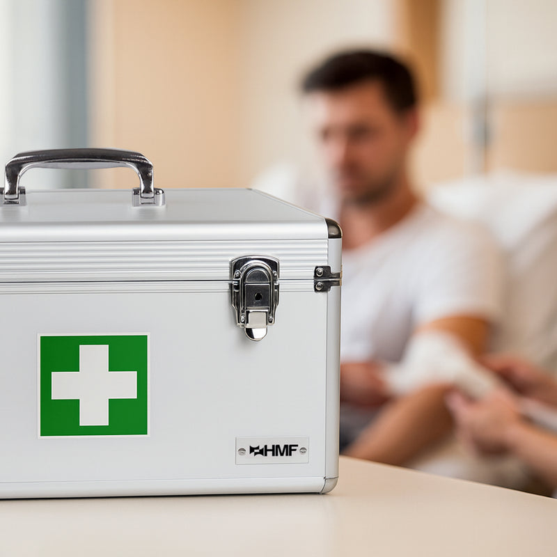 Medizinkoffer oder Erste Hilfe Koffer aus Aluminium von HMF mit den Maßen 30 x 25 x 25 cm in Silber