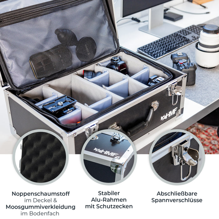 Fotokoffer oder Kamera Transportkoffer inklusive Tasche mit individuellen Trennwänden von HMF