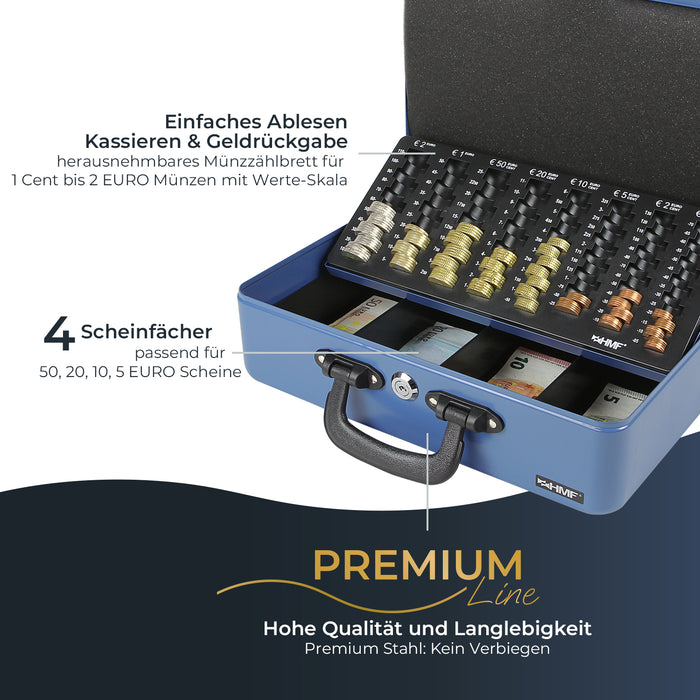 Geldkassette mit 2 Tragegriffen von HMF mit 36 cm Breite in Blau