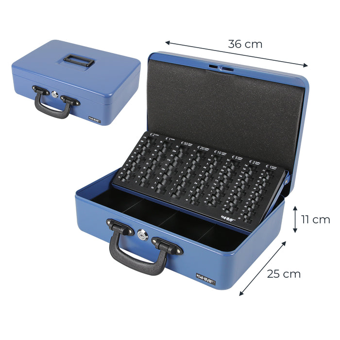 Geldkassette mit 2 Tragegriffen von HMF mit 36 cm Breite in Blau