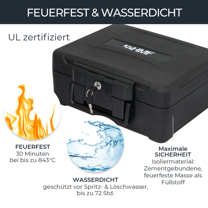HMF Feuerfeste Wasserdichte Dokumentenbox DIN A4 15,5 x 36,5 x 28,5 cm in Schwarz