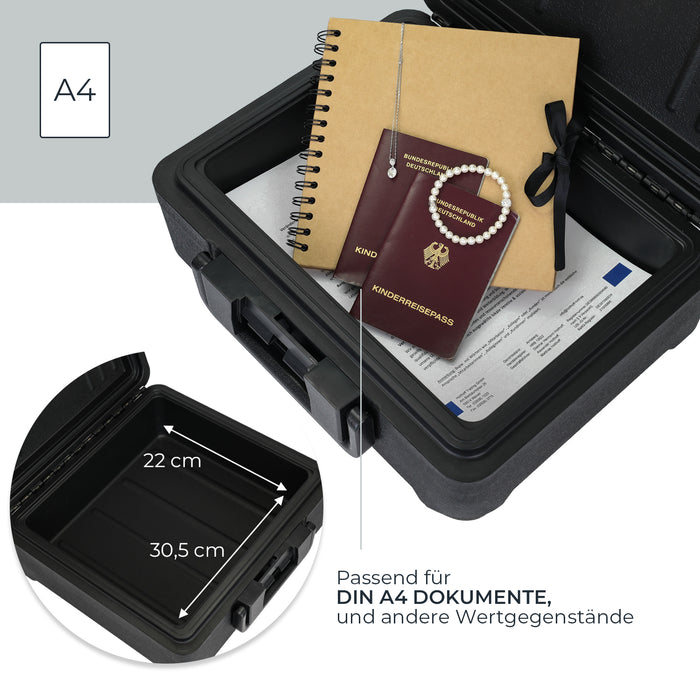 HMF Feuerfeste Wasserdichte Dokumentenbox DIN A4 15,5 x 36,5 x 28,5 cm in Schwarz