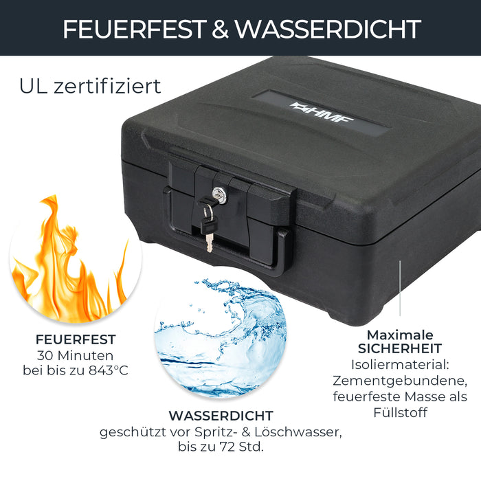 HMF Feuerfeste Wasserdichte Dokumentenbox für Ordner DIN A4/B4; 17 x39 x 36, 5 cm in Schwarz