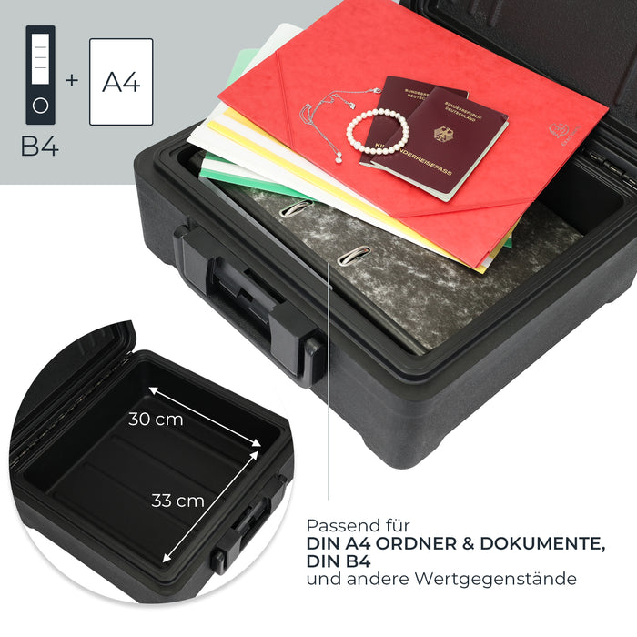HMF Feuerfeste Wasserdichte Dokumentenbox für Ordner DIN A4/B4; 17 x39 x 36, 5 cm in Schwarz