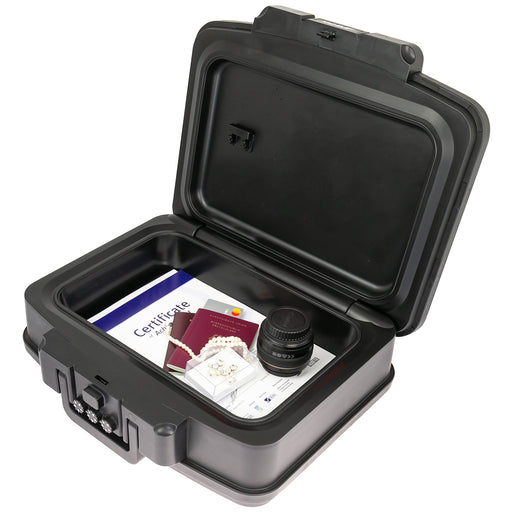 Feuerfeste und wasserdichte Dokumentenbox mit Zahlenschloss von HMF im DIN A4 in Schwarz