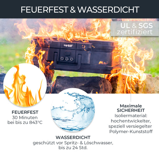 Feuerfeste und wasserdichte Dokumentenbox mit Zahlenschloss von HMF im DIN A4 in Schwarz