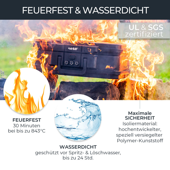 Feuerfeste und wasserdichte Dokumentenbox mit Zahlenschloss von HMF im DIN A4 in Schwarz