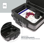Feuerfeste und wasserdichte Dokumentenbox mit Zahlenschloss von HMF im DIN A4 in Schwarz