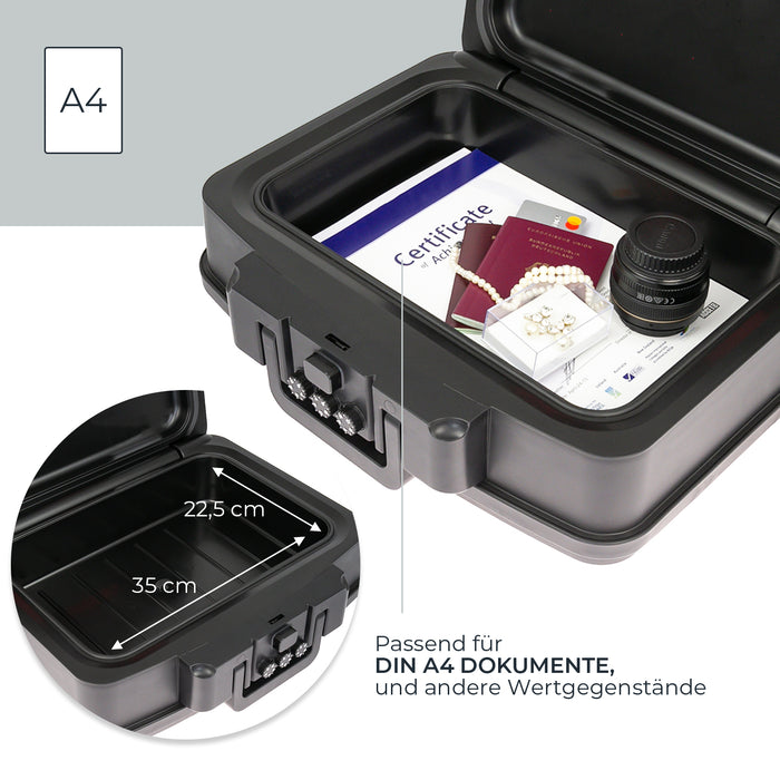 Feuerfeste und wasserdichte Dokumentenbox mit Zahlenschloss von HMF im DIN A4 in Schwarz