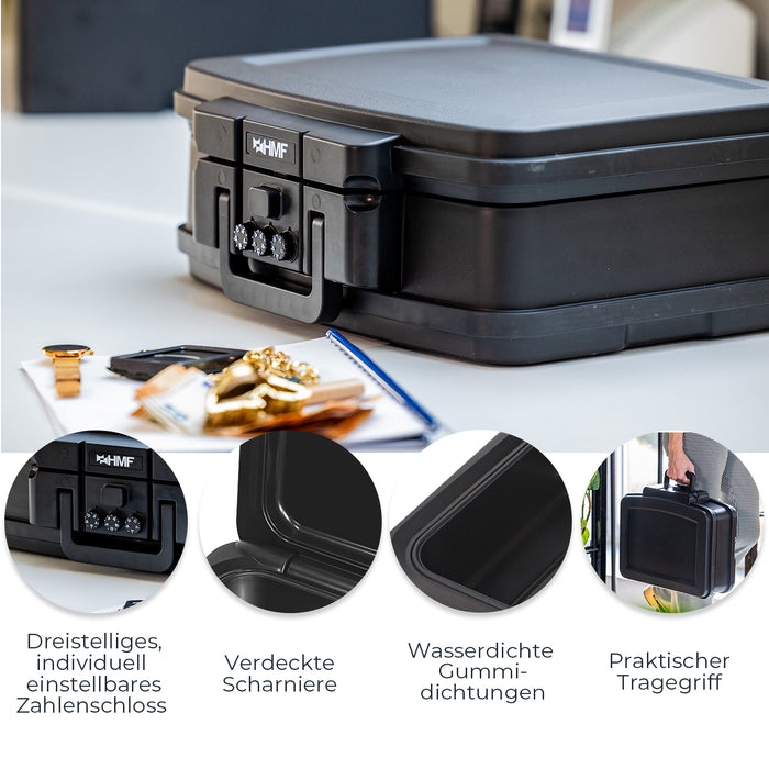 Feuerfeste und wasserdichte Dokumentenbox mit Zahlenschloss von HMF im DIN A4 in Schwarz
